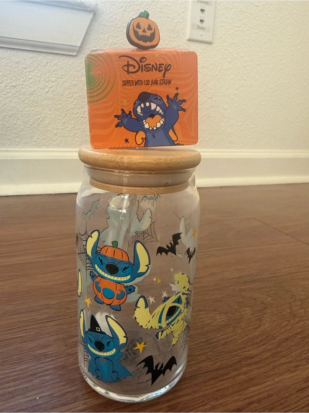 Disney Stitch Halloween Glass Jar with Wooden Lid - Orange & Blue